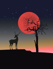 Black tree silhouette with deer, red moon at sunset