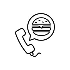 Concepto reparto de comida a domicilio. Icono auricular de teléfono con hamburguesa en burbuja de habla con lineas en color negro