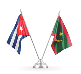 Mauritania and Cuba table flags isolated on white 3D rendering