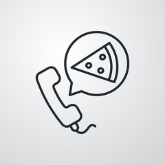 Concepto reparto de comida a domicilio. Icono auricular de teléfono con pizza en burbuja de habla con lineas en fondo gris