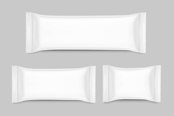 Set of hight realistic flow packaging mockups. Vector illustration. Can be use for your design, promo, adv and etc. Possibility for food, pharmaceutical, cosmetic. EPS10.	