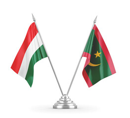 Mauritania and Hungary table flags isolated on white 3D rendering