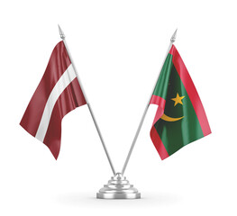 Mauritania and Latvia table flags isolated on white 3D rendering