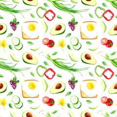 watercolor seamless pattern that consists of: green onions, eggs, cherry tomatoes, paprika, sandwich, basil, avocado, spinach.
Suitable for textiles, kitchen utensils.