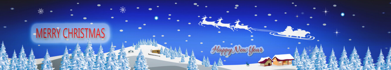 Fototapeta na wymiar Merry Christmas and Happy New Year. Santa Claus in the sky, winter idyll, web banner, illustration