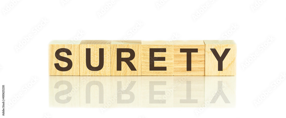 Aufkleber wooden blocks with the text: surety. the text is written in black letters and is reflected in the mi