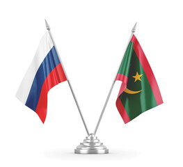 Mauritania and Russia table flags isolated on white 3D rendering