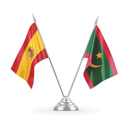 Mauritania and Spain table flags isolated on white 3D rendering