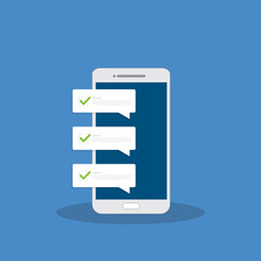 Mobile phone with push notifications or smartphone cellphone sms messages with updated checkmark ticks bubbles vector flat cartoon, idea of digital complete or accepted alerts