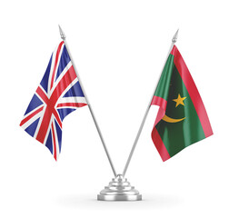Mauritania and United Kingdom table flags isolated on white 3D rendering