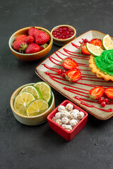 front view yummy creamy cake with fruits on grey background biscuit dessert sweet