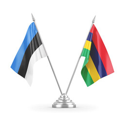 Mauritius and Estonia table flags isolated on white 3D rendering