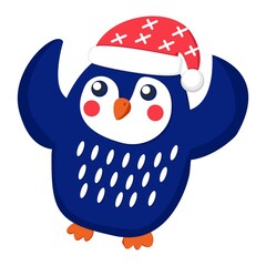 Dark blue baby penguin wearing red and white hat. Orange beak and feet. Hands up Flat cartoon style. Cute and funny. Merry Christmas. Happy New Year. Template for kids stickers, post cards and posters