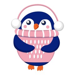Dark blue baby penguin wearing pink and white sweater and headphones. Orange beak and feet. Cartoon style. Cute and funny. Merry Christmas. Happy New Year. Template for stickers, post cards, posters