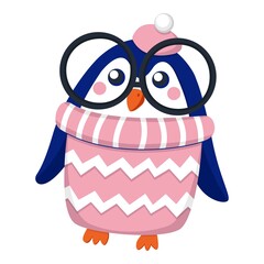 Dark blue baby girl penguin wearing pink and white hat and sweater. Black glasses. Orange beak and feet. Cartoon style. Cute and funny. Merry Christmas. Happy New Year. Stickers, post cards, posters
