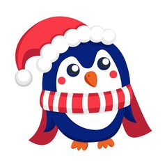 Dark blue baby penguin wearing red and white hat and scarf. Orange beak and feet. Cartoon style. Cute and funny. Merry Christmas. Happy New Year. Template for kids stickers, post cards, posters