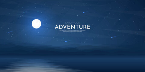 Vector illustration. Background with copy space. Minimalist landscape. Dark night scene. Beautiful clear sky with shooting stars. Polygonal style. Mountains. Moonlight reflection in water. Blue color © VVadi4ka