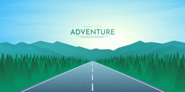 Vector illustration. Journey concept. Background with perspective effect. Geometric template for website or game. Empty road. Polygonal and triangle shapes. Green misty forest. Sunny day. Green color