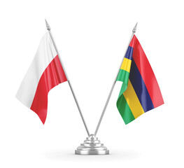 Mauritius and Poland table flags isolated on white 3D rendering
