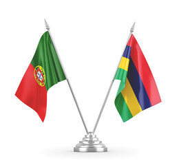Mauritius and Portugal table flags isolated on white 3D rendering