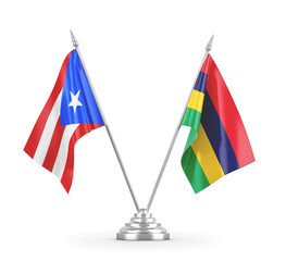 Mauritius and Puerto Rico table flags isolated on white 3D rendering