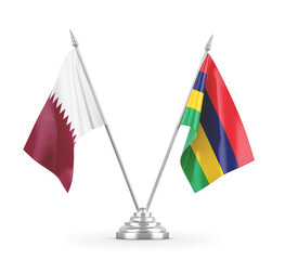Mauritius and Qatar table flags isolated on white 3D rendering