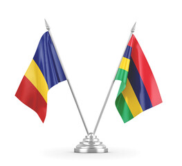 Mauritius and Romania table flags isolated on white 3D rendering
