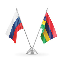 Mauritius and Russia table flags isolated on white 3D rendering