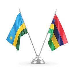 Mauritius and Rwanda table flags isolated on white 3D rendering
