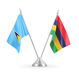 Mauritius and Saint Lucia table flags isolated on white 3D rendering