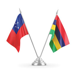 Mauritius and Samoa table flags isolated on white 3D rendering