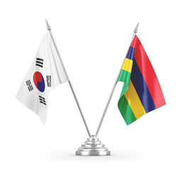 Mauritius and South Korea table flags isolated on white 3D rendering