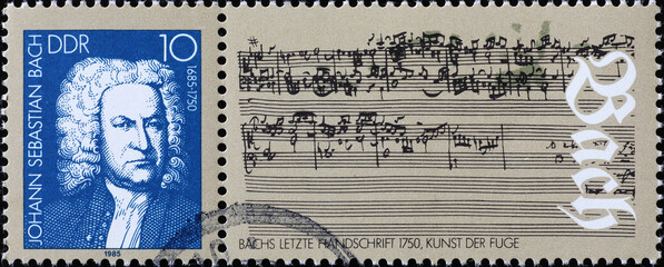 Original sheet music by Johan Sebastian Bach on postage stamp
