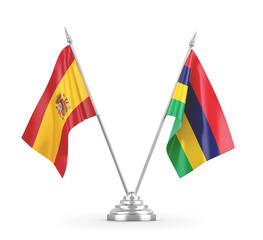 Mauritius and Spain table flags isolated on white 3D rendering