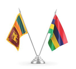 Mauritius and Sri Lanka table flags isolated on white 3D rendering