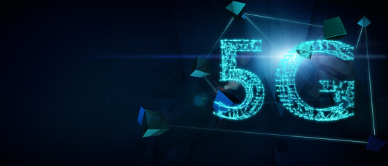 3D Illustration 5G text with disrupt futuristic network concept internet high speed connection technology for safe security blockchain innovation global business fintech transform digital world