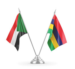 Mauritius and Sudan table flags isolated on white 3D rendering