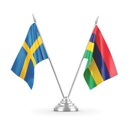 Mauritius and Sweden table flags isolated on white 3D rendering