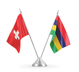 Mauritius and Switzerland table flags isolated on white 3D rendering