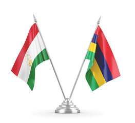 Mauritius and Tajikistan table flags isolated on white 3D rendering