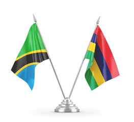 Mauritius and Tanzania table flags isolated on white 3D rendering