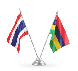 Mauritius and Thailand table flags isolated on white 3D rendering