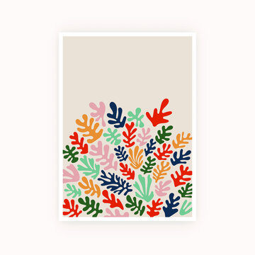 Abstract coral poster. Contemporary organic shapes, colorful scribbles Matisse style. Minimalist modern vector illustration