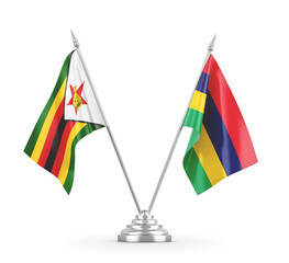 Mauritius and Zimbabwe table flags isolated on white 3D rendering
