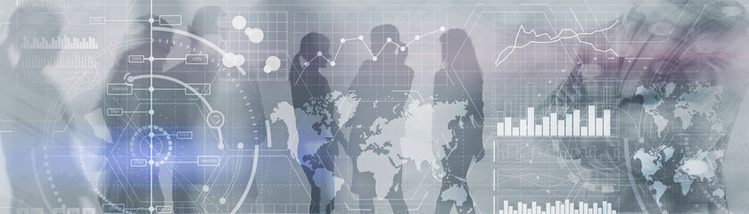 Financial dashboard with business intelligence. Background silhouettes and city.