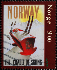 Vintage touristic poster from Norway on postage stamp