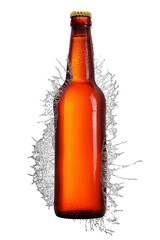 Beer bottle with long neck in water splash isolated on white.