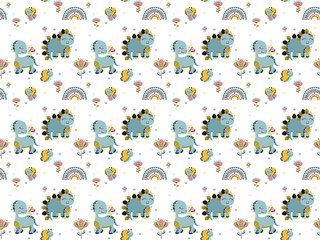 Cute childish girly summer seamless pattern of smiling baby dinosaurs brontosaurus and stegosaurus, butterflies, rainbows, abstract flowers on white background. For fabric. Scandinavian style. Vector.