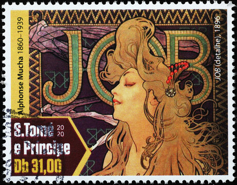 Ad painted by Alfons Mucha on postage stamp