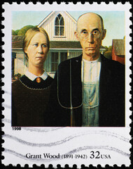 American Gothic by Grant Wood on american stamp
